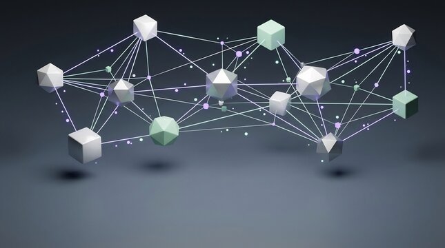 Floating 3D geometric network representing knowledge graph, data connections, and neural network system, futuristic digital structure with cubes and polyhedrons.