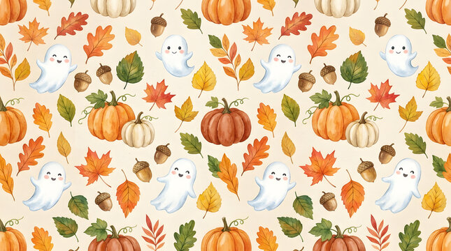 Watercolor Pumpkin and Autumn Leaves Pattern