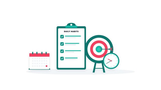 Minimalist daily habits clipboard with target and calendar icons, concept for productivity goal achievement, project planning, time management strategy, business efficiency and personal development