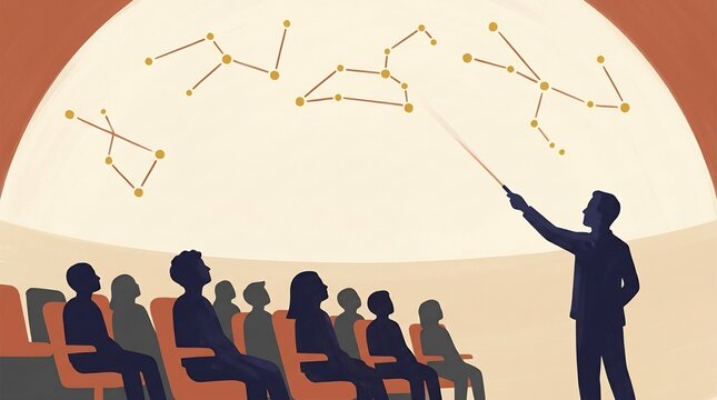 Planetarium lecturer pointing at star constellations on dome ceiling for engaged audience, astronomy presentation, science education concept.