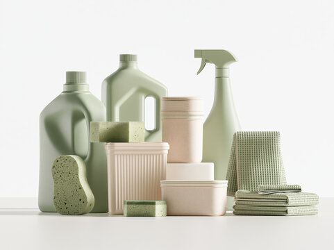 Eco cleaning product sustainable packaging household cleaner detergent bottle spray bottle storage container cleaning sponge dish cloth pastel green beige container eco cleaning product