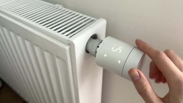 Radiator thermostat controller knob turned down by human hand to switch off heating. Person reduces