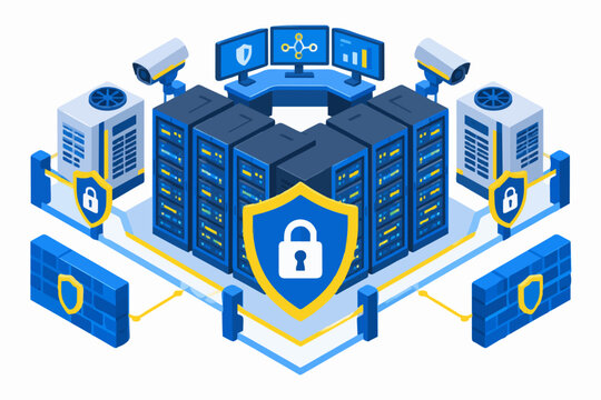 Isometric Secure Server Room with Data Protection Shield and Lock