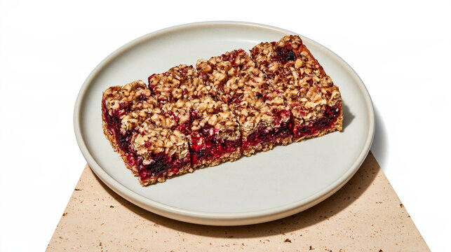 Oat and berry crumble bars served on a white plate on a neutral background  