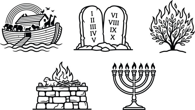 Old Testament Noah Ark Ten Commandments Burning Bush Altar Menorah Vector