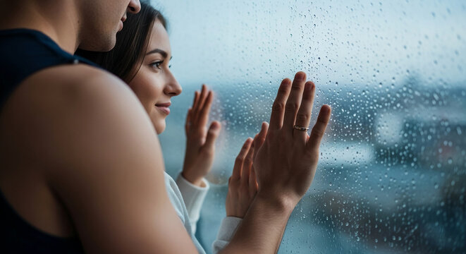 Couple embracing by window with raindrops, symbolizing intimacy, connection, and shared moments, suitable for romance or lifestyle themes