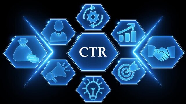 Click Through Rate CTR Hexagonal Icons with Blue Neon Glow on Dark Background marketing business