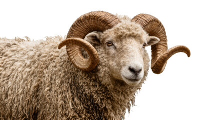 Ram with large curved horns fluffy wool, isolated on transparent background © pixter