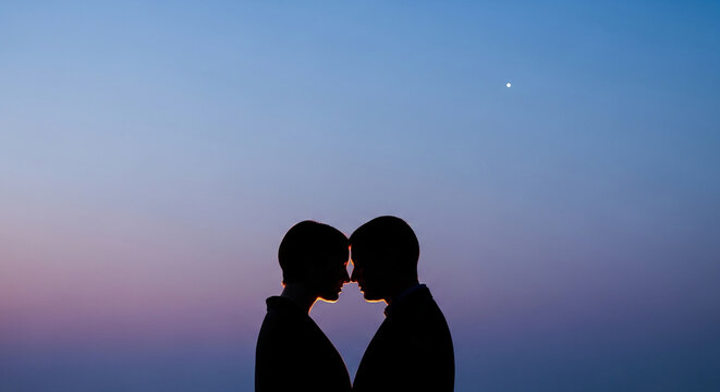 Silhouette couple at dusk, foreheads touching, symbolizing love, connection, and romance under a twilight sky.