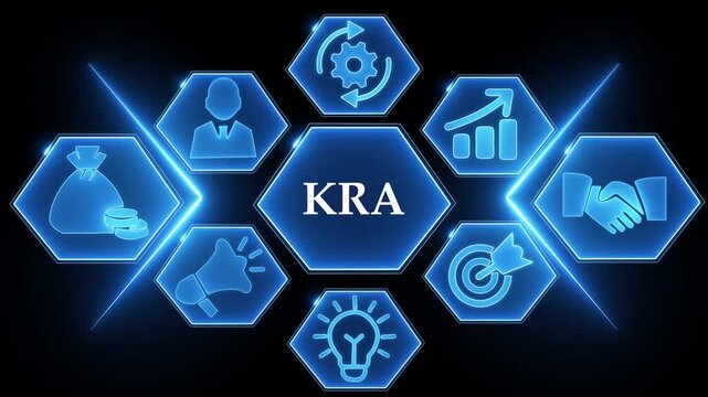KRA concept with business icons in blue hexagons on a dark background Keywords: KRA, Key Result Area, business, concept, strategy, performance, management, goals, objectives