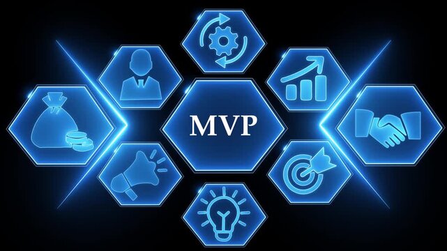 Minimum Viable Product concept with icons in blue hexagons on black background business startup