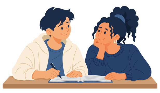 Illustration vectorielle de deux adolescents travaillant ensemble sur un cahier. Une sc&egrave;ne de vie scolaire &eacute;voquant les r&eacute;visions, l&rsquo;entraide entre &eacute;l&egrave;ves, le partage des connaissances et l&rsquo;amiti&eacute;.