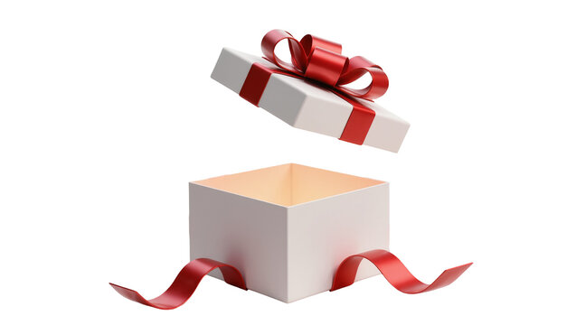 Open white gift box with red ribbon and bow, isolated on transparent background