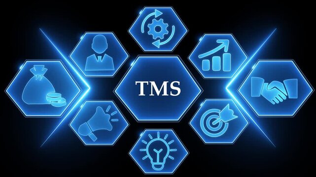 Blue Hexagon Infographic with TMS Text and Business Icons on Dark Background technology