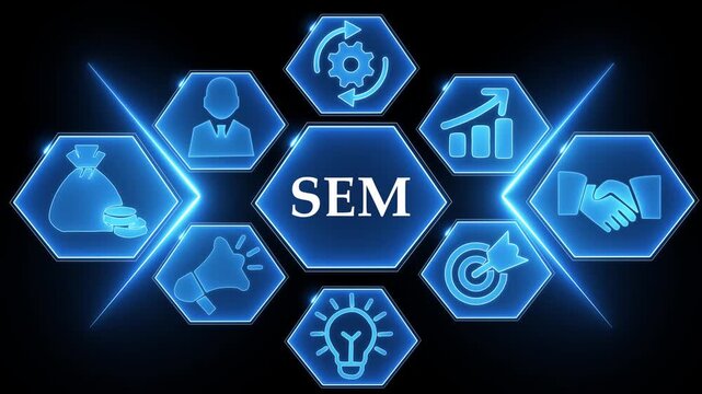 Blue hexagonal infographic with SEM in the center surrounded by icons for business growth and marketing