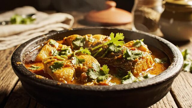 Delicious steaming fish curry with fresh coriander in a rustic clay bowl on a wooden table.
