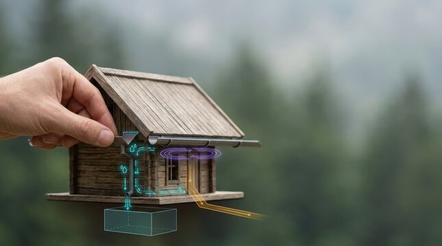 Small handmade wooden model house with digital hologram projections and floating blue data symbols against blurred green natural background for technology concept