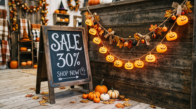 A festive Halloween sale display with pumpkins, fall leaves, and jack-o-lantern string lights on a rustic wooden surface, symbolizing autumn commerce
