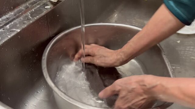 Japanese elderly woman wringing out kitchen cloth after washing dishes at home