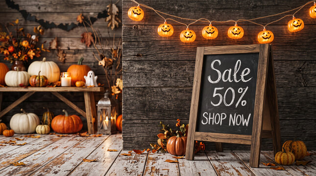 Halloween display with pumpkins, ghost decor, string lights, and a chalkboard sign offering a 50% sale, perfect for seasonal promotion.