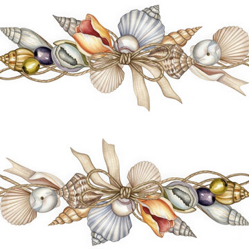 Watercolor seashell and pearl borders with twine bow nautical illustration  
