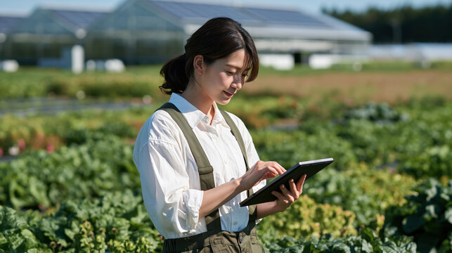 Young woman farmer tablet smart farming organic vegetable field greenhouse sustainable agriculture rural technology modern farming outdoor summer sunshine Young woman farmer tablet smart farming