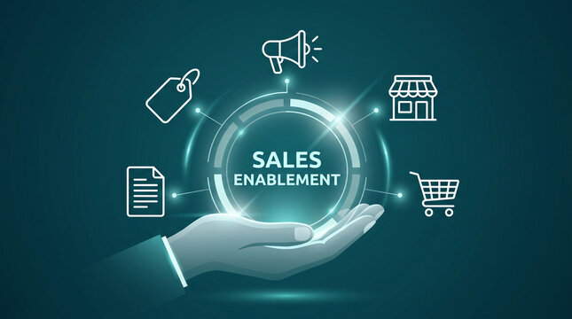 Business hand holding sales enablement icons, representing strategy, promotion, and customer acquisition, conceptual art for growth.