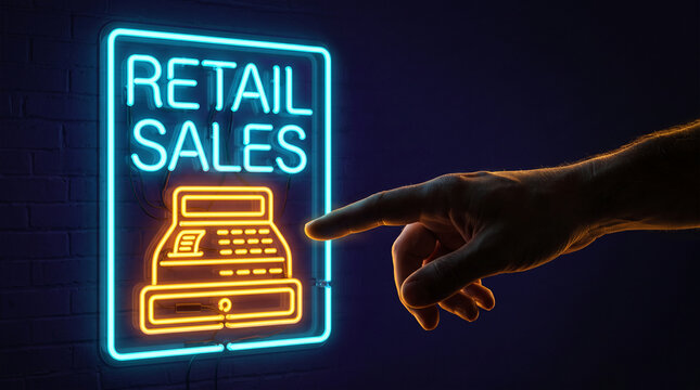 Neon sign with "RETAIL SALES" and a cash register, representing commerce and the point of sale, conceptual for business promotion