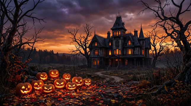 Spooky haunted house scene with glowing jack-o-lanterns, bare trees, and autumn leaves under a dramatic sky, symbolizing Halloween and mystery