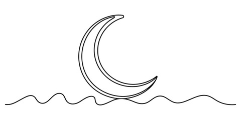 Crescent moon resting on wavy ocean water line drawing © IshanBabu