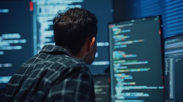Focused caucasian software engineer works overtime late at night in modern tech office. Artificial intelligence, Dedicated freelance strategy, Database server debugging, Cybersecurity cloud concept.