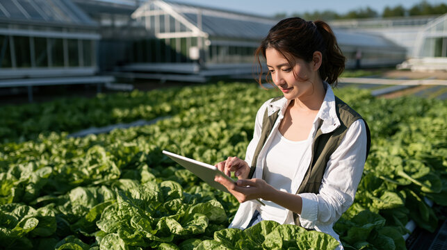 Asian woman female farmer digital tablet greenhouse lettuce agriculture hydroponic modern farm technology sustainability Young asian woman farmer using digital tablet greenhouse lettuce field