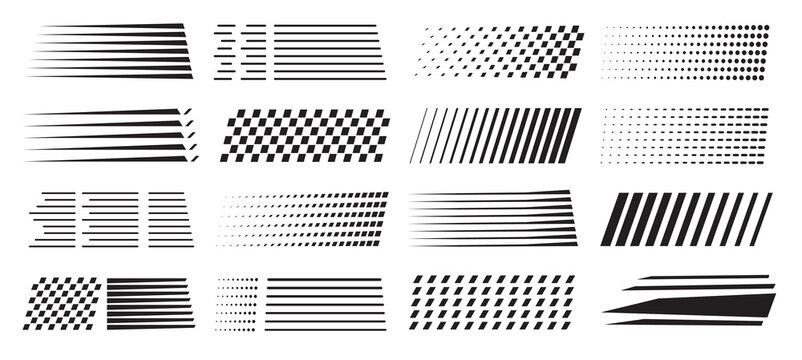 Collection of different dynamic speed lines. Design of racing stripes and car decals for racing and motorsport. Striped dotted and checkered lines. Vector illustration 
