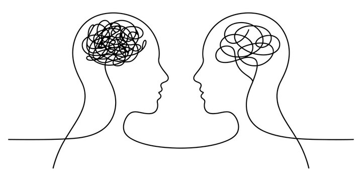 Two human heads with messy brains as a continuous line drawing illustration