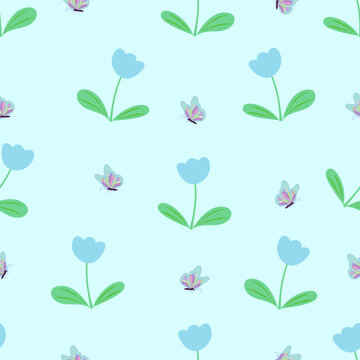 A charming seamless pattern featuring soft blue tulips, green leaves, and flying butterflies on a pastel blue background for nursery, wrapping paper, and fabric.