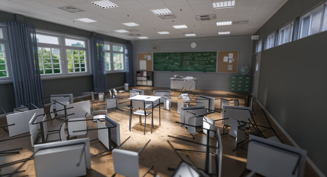 Classroom in chaos with scattered desks 3d