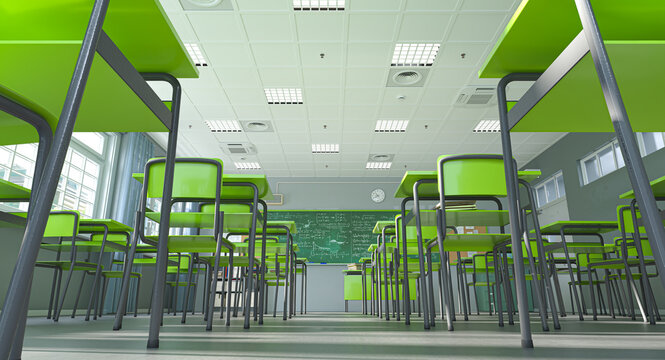 Empty modern classroom with green desks 3d