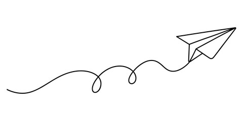 Simple line art drawing of a paper plane flying with a wavy path trail © IshanBabu