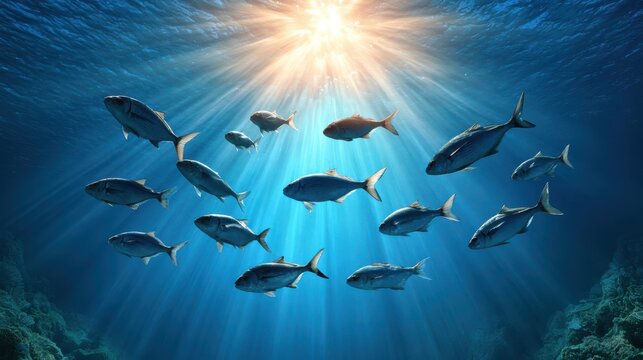 A school of fish swims gracefully in clear blue ocean water illuminated by sunlight streaming from above.
