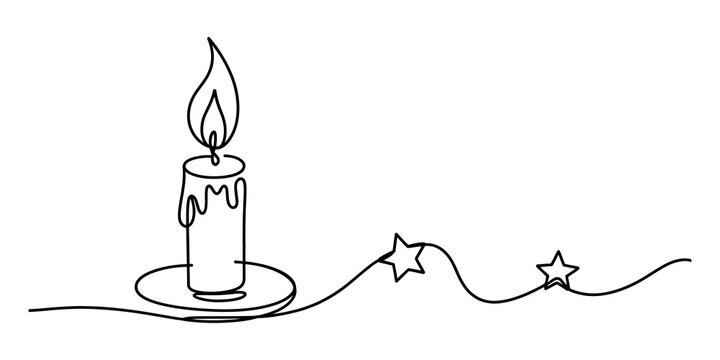 Continuous one line drawing of a burning candle with small stars