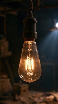 Vintage lightbulb hanging filament glow nostalgic workshop atmosphere warm light rustic detail dust particle industrial nostalgia moody illumination