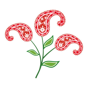 An ornate vintage red paisley floral bouquet element with green stem and leaves isolated on a transparent background for botanical designs.