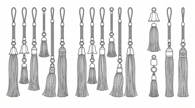 Chinese Traditional Tassel Vector Illustration Set, Decorative Silk Tassels Outline Drawing for Coloring Book and Design