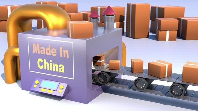 Made In China manufacturing process, 3D animation of a factory assembly line, production and export, global trade and supply chain logistics