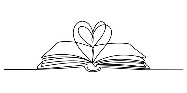 Open book with a heart shape drawn in a single continuous line style