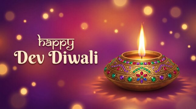 Radiant Dev Diwali lamp &ndash; glowing oil diya with ornate colorful designs on a warm, bokeh-lit magenta background for festival greetings
