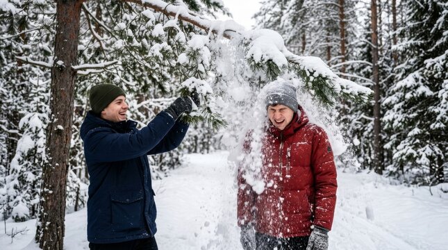 Two young men play in the snow and laugh in the winter forest.