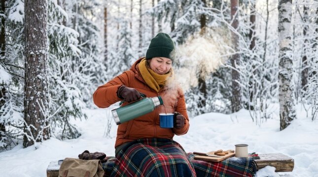 A woman pours hot tea from a thermos into a mug in the winter forest.