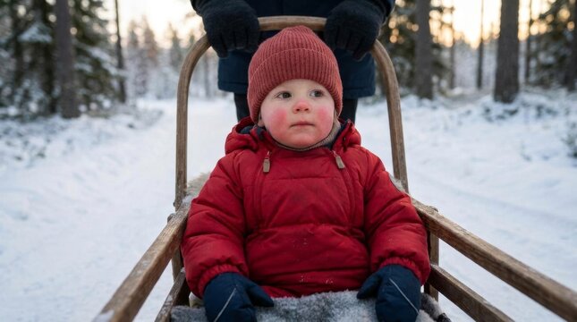 A little child is sitting on a wooden sled in the snow.