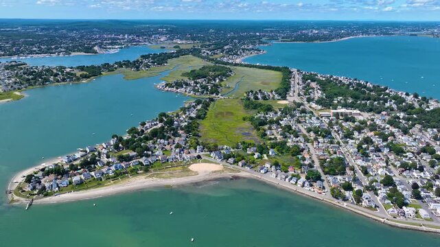 Houghs Neck and Nut Island aerial view between Weymouth Fore River and Quincy Bay in city of Quincy, Massachusetts MA, USA. 